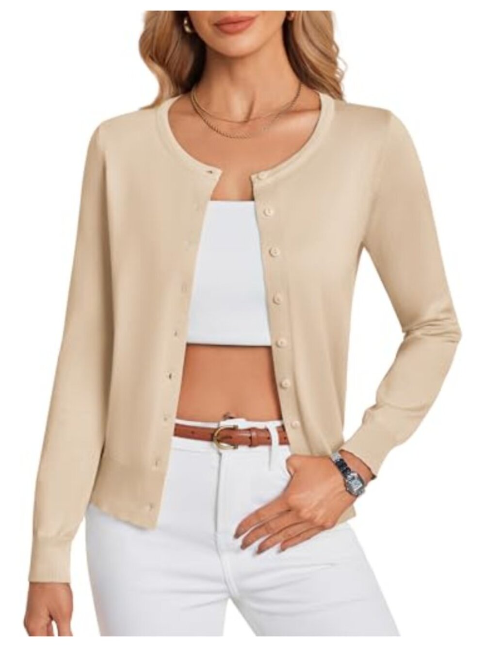 Lightweight Button Down Knit Cardigan Long Sleeve Crew Neck Sweater